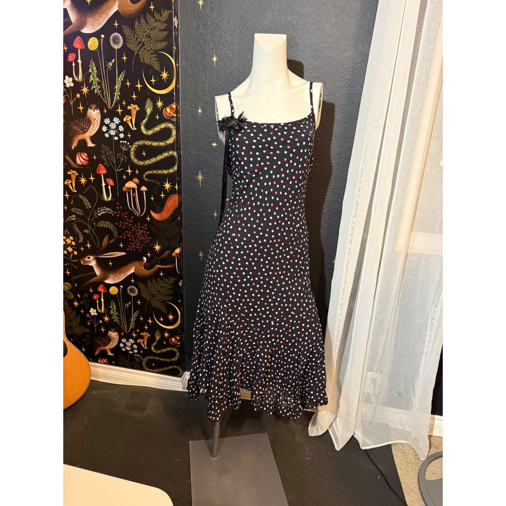 Evan-Picone Womens Black Polka Dot Ruffle Hem Midi Dress Floral Applique Size 16